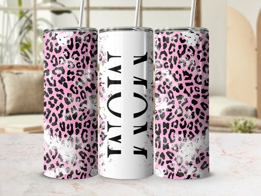 Pink leopard print tumbler with "MOM" in black letters.