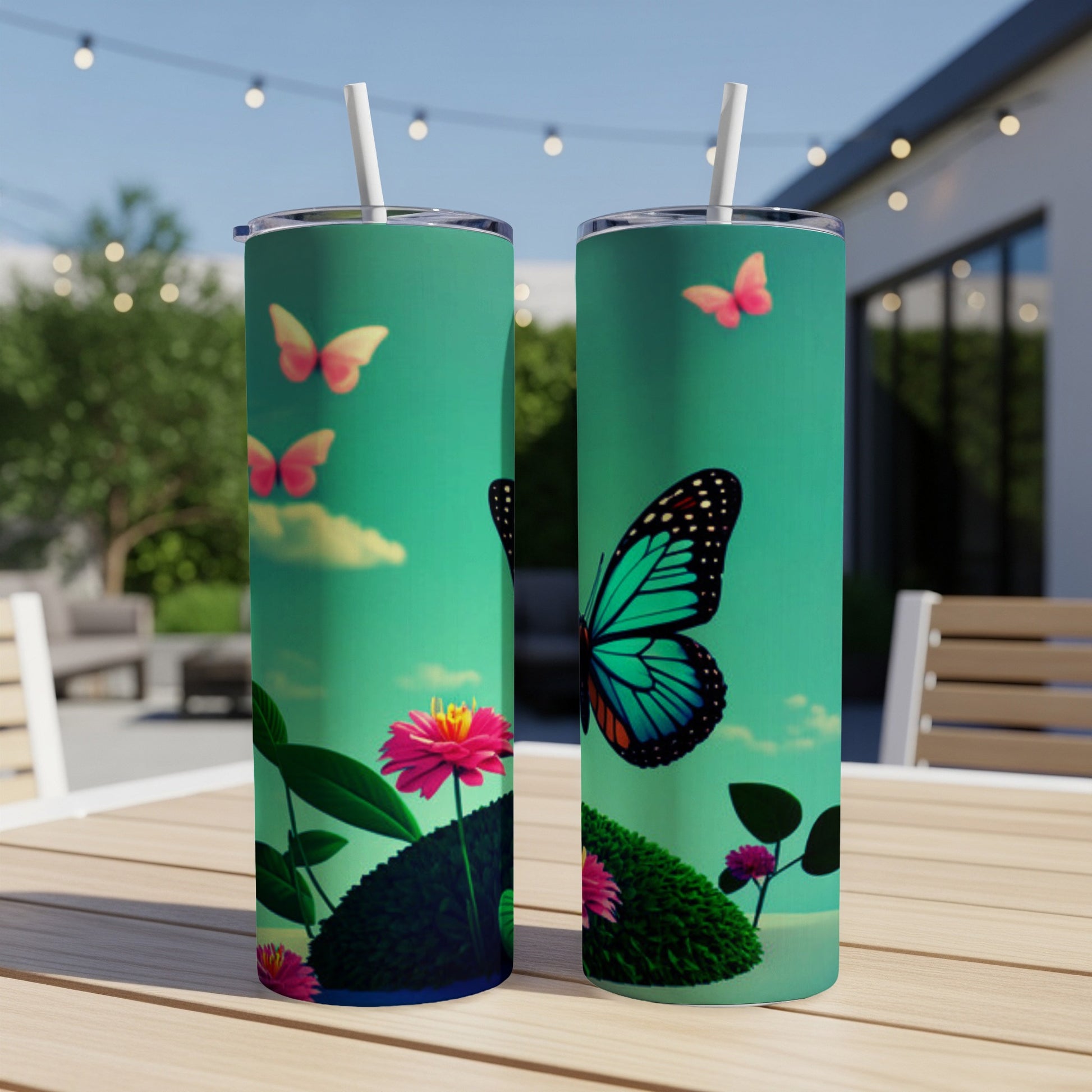 Two teal tumblers with butterfly and floral designs displayed outdoors.