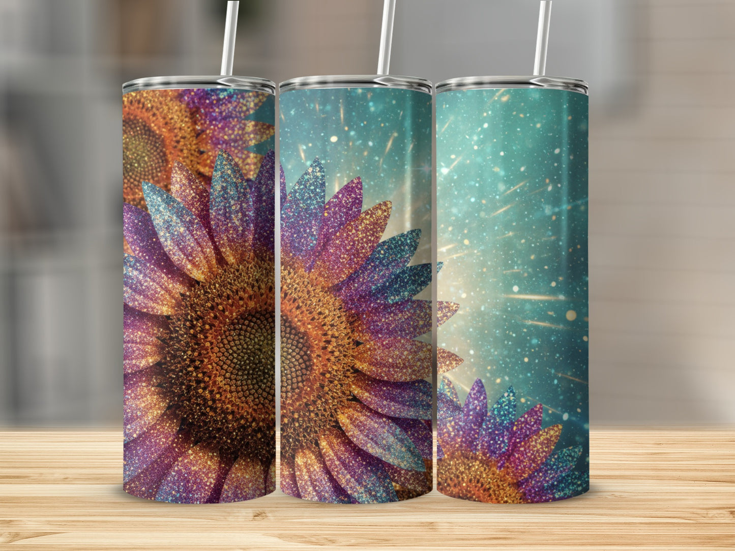 Sparkling Sunflower Design on Tumbler with Straw