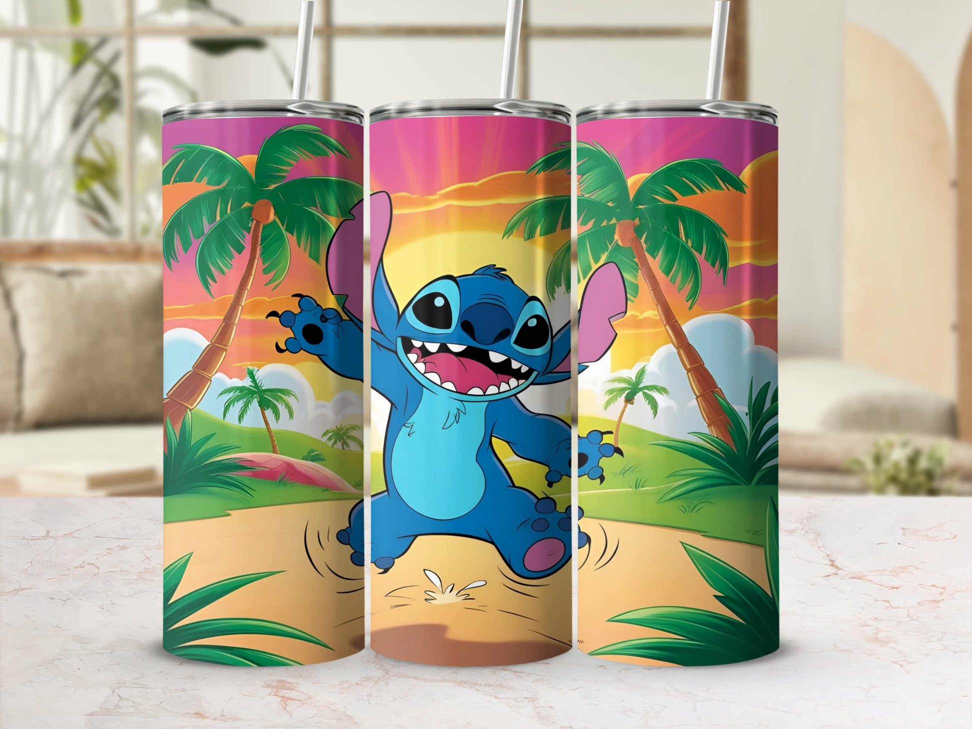 Stitch from Lilo & Stitch on a tropical sunset beach.