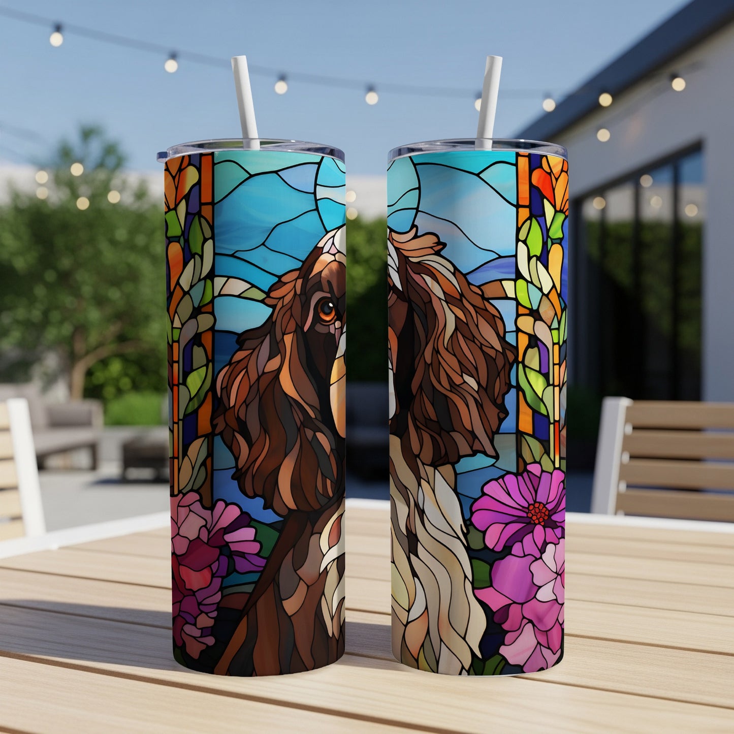 Two tumblers with stained glass dog and floral design.