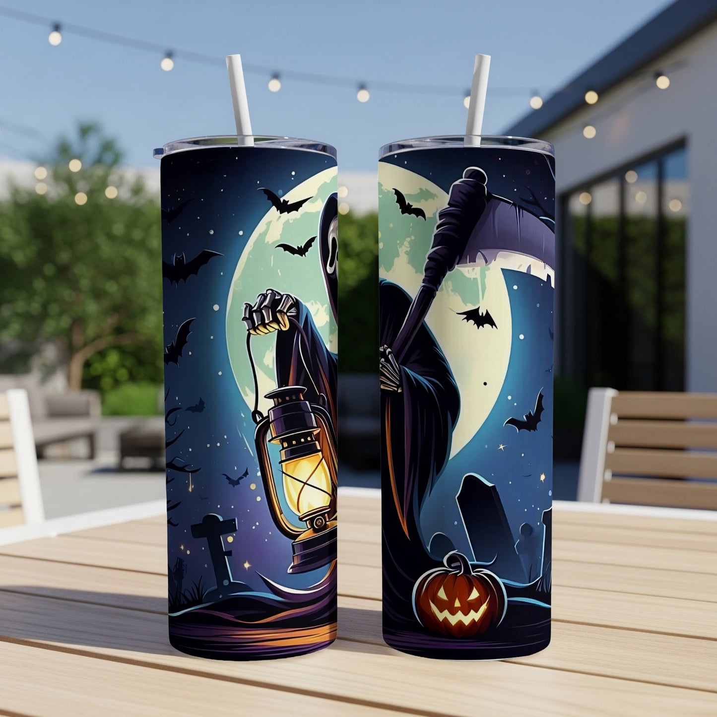 Grim reaper with lantern and scythe on tumblers with Halloween cemetery and moon.