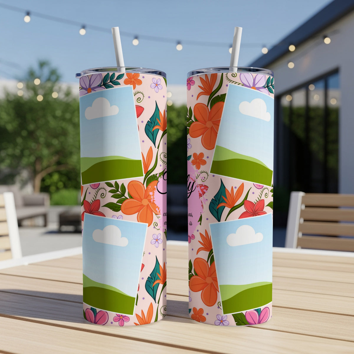 Two tumblers with floral patterns and placeholder photo frames on a wooden table.