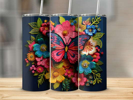 Three tumblers featuring a vibrant butterfly and floral design on a navy background.