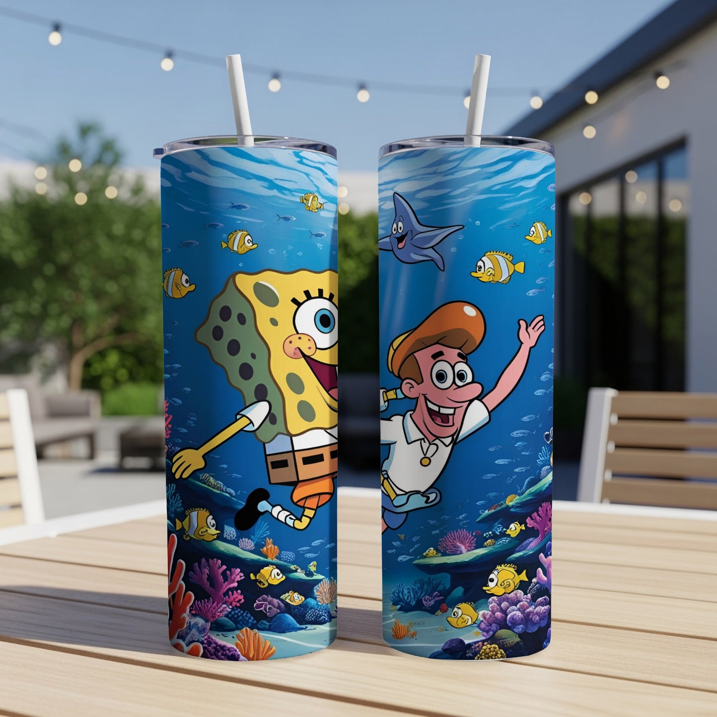 SpongeBob SquarePants and Patrick Star underwater with colorful coral and fish.