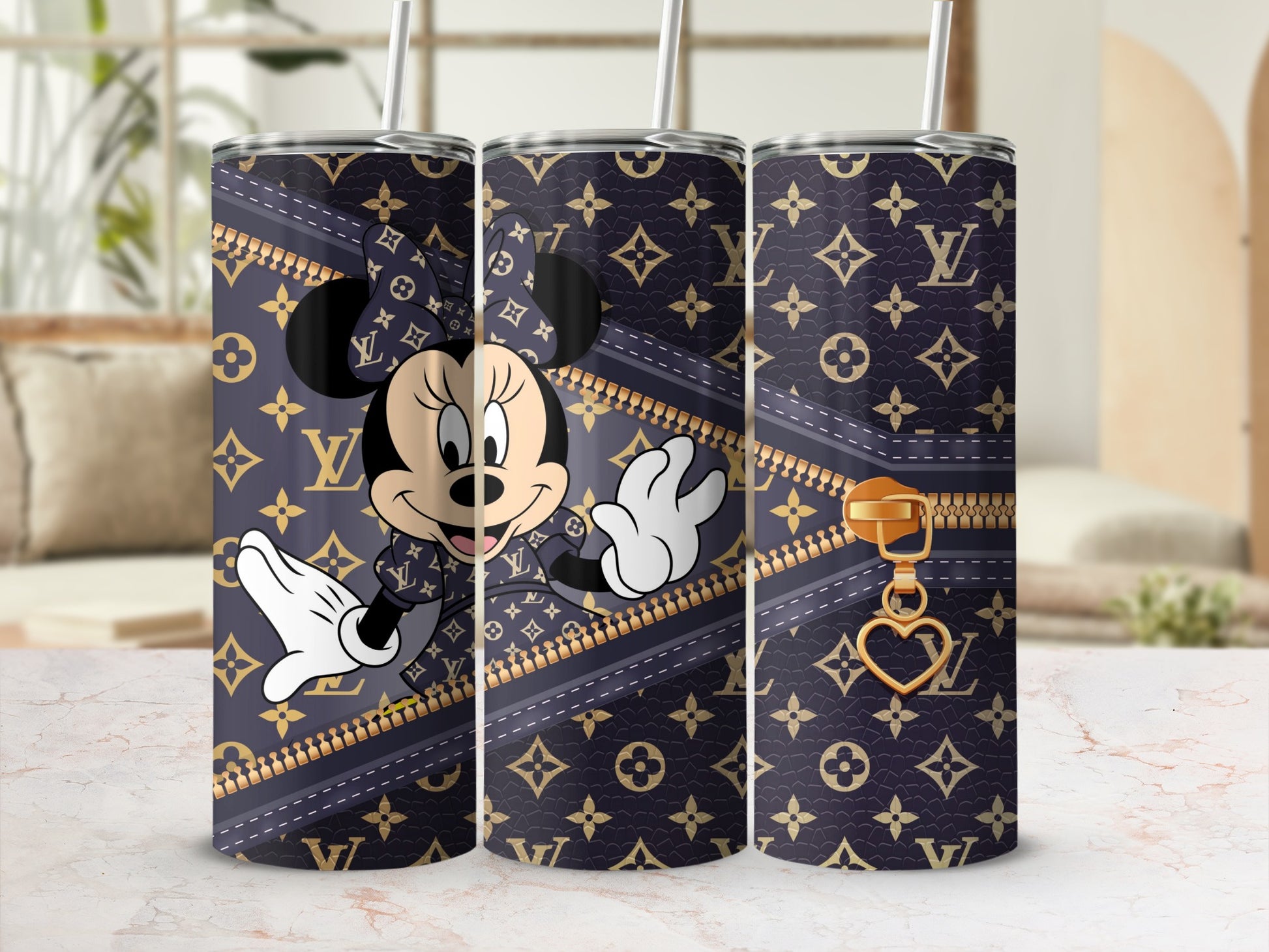 Minnie Mouse in designer pattern tumbler with gold zipper and heart charm.