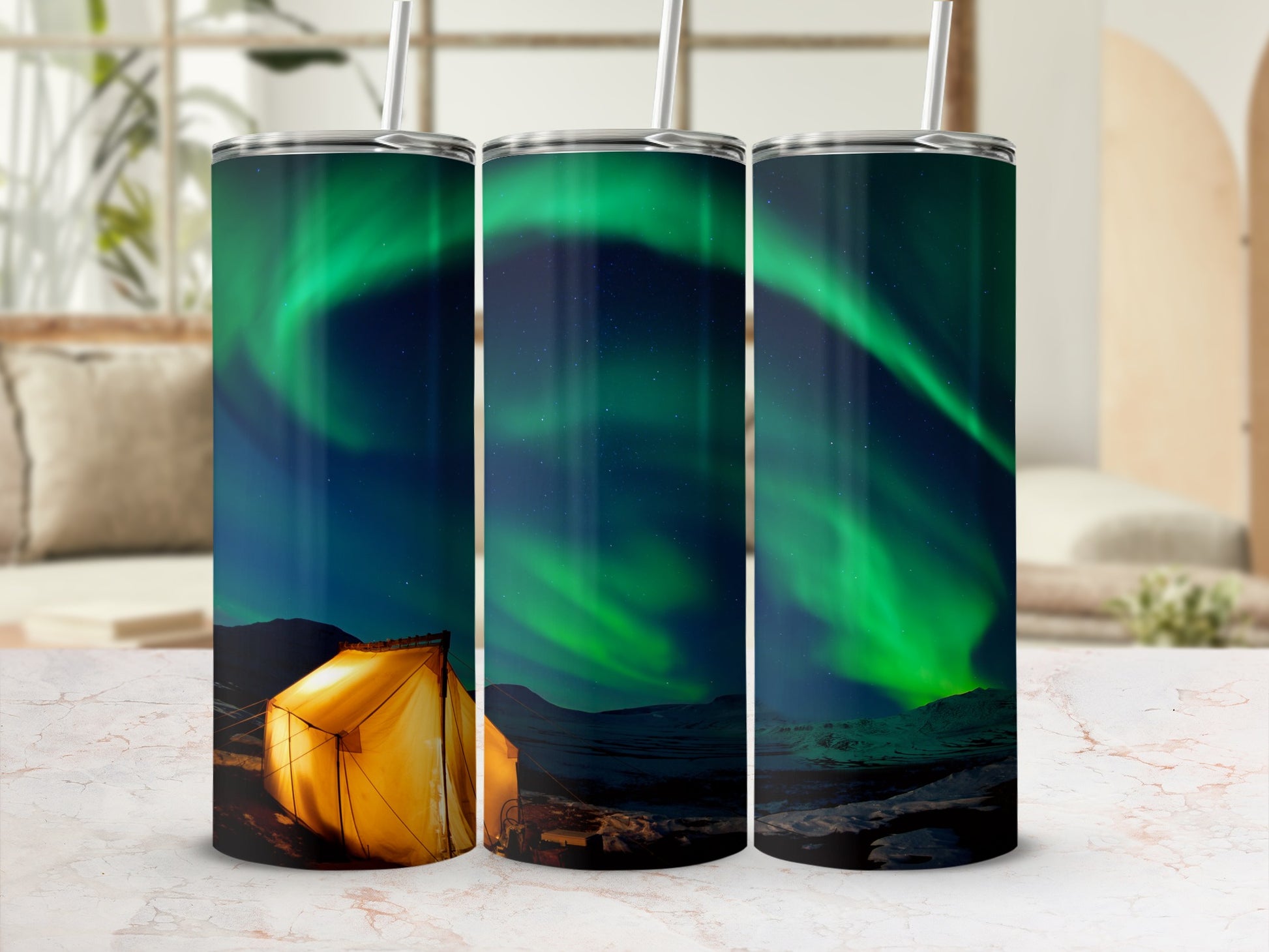 Northern Lights Camping Scene Tumbler Product