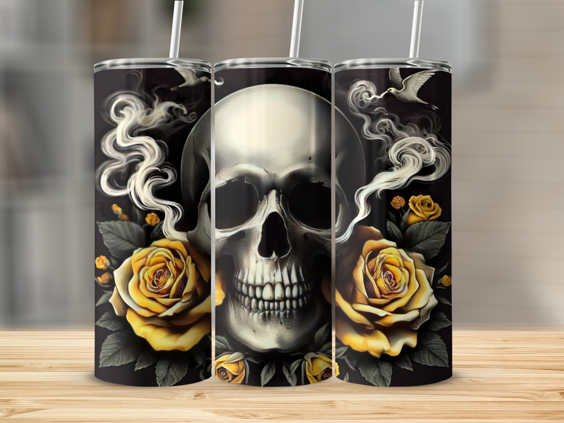 Skull and yellow roses with smoke on a black tumbler.