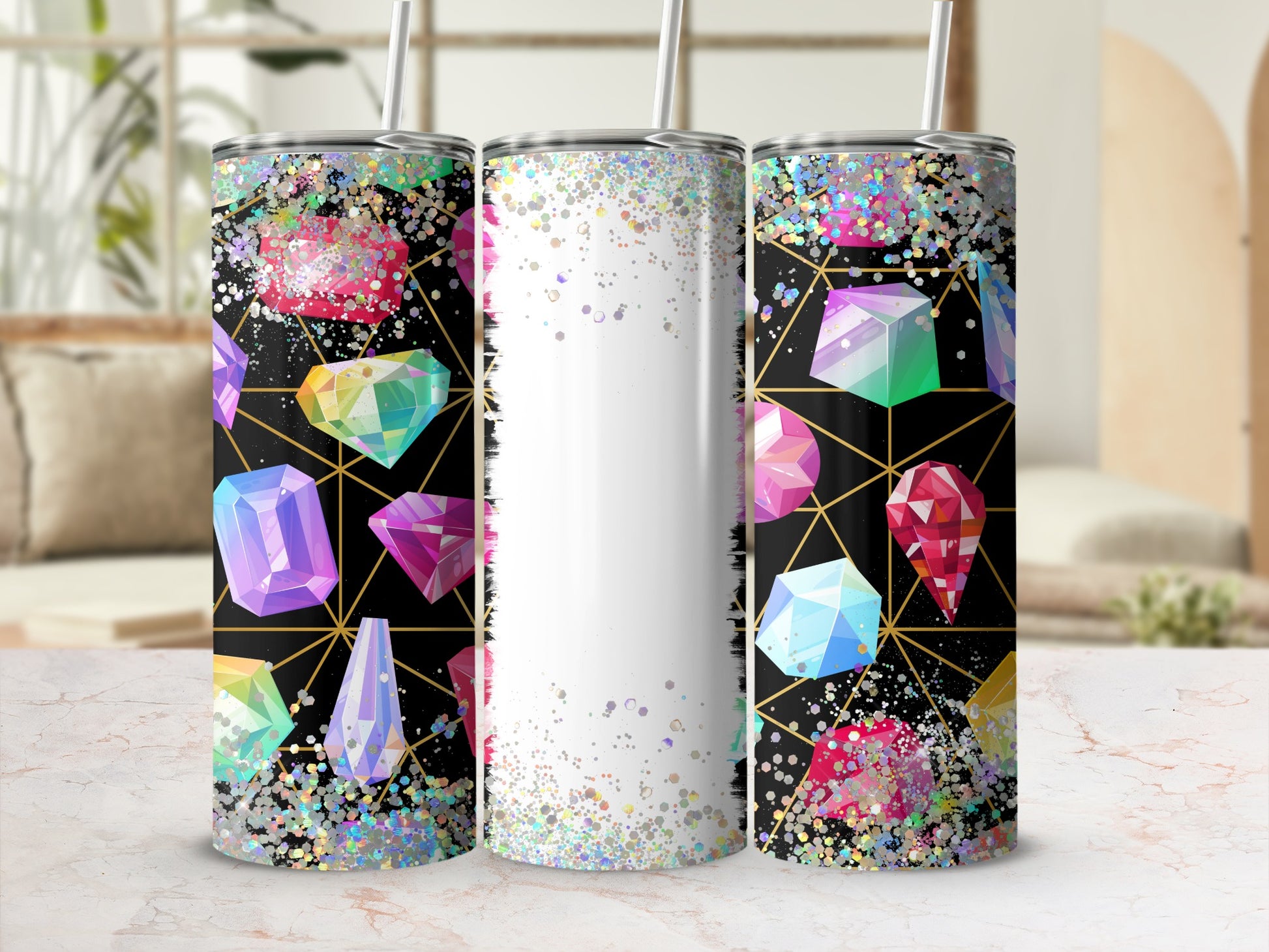 Three tumblers with colorful gemstones and glitter on a black geometric background.
