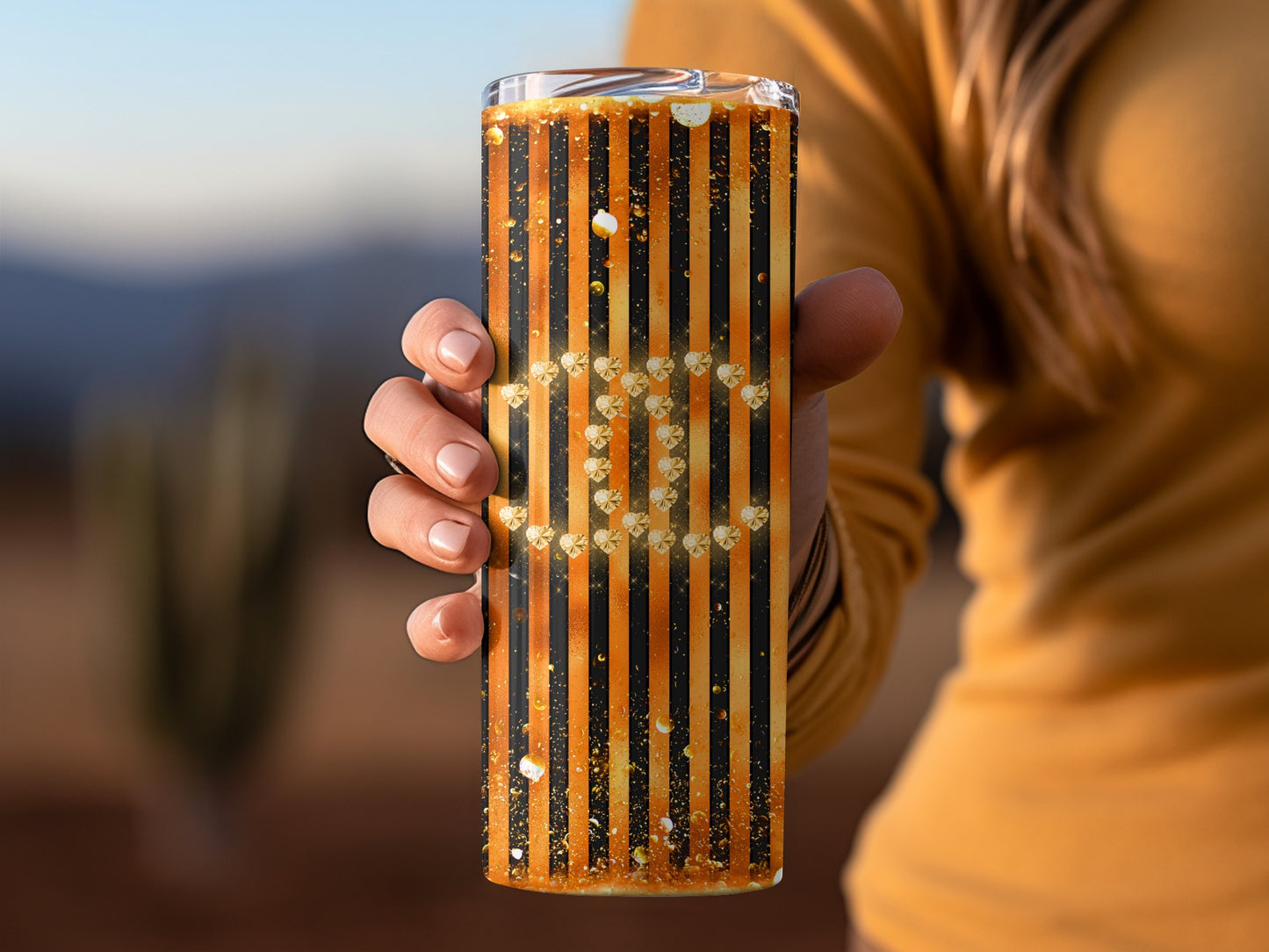 Glittery Striped Black and Gold Tumbler Product
