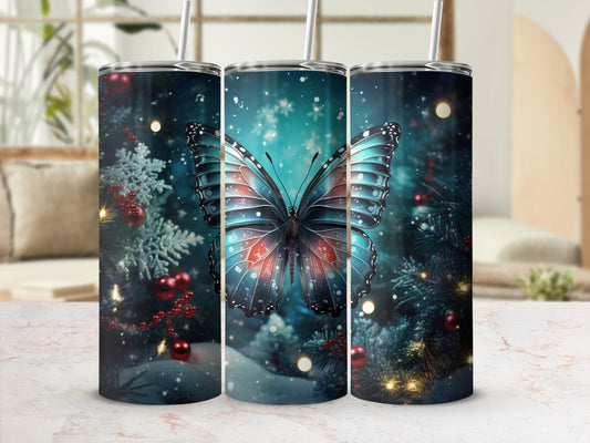 Glittering butterfly on snowy background with Christmas lights and ornaments.