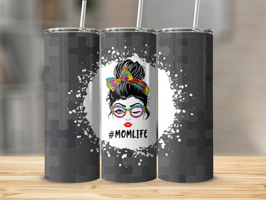 Tumbler with #MOMLIFE text and woman winking with colorful bandana.