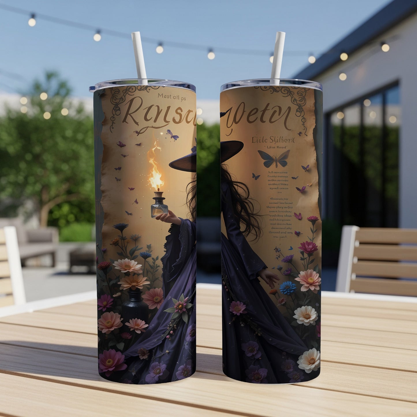 Tumbler with witch holding potion, flowers, butterflies, and text.