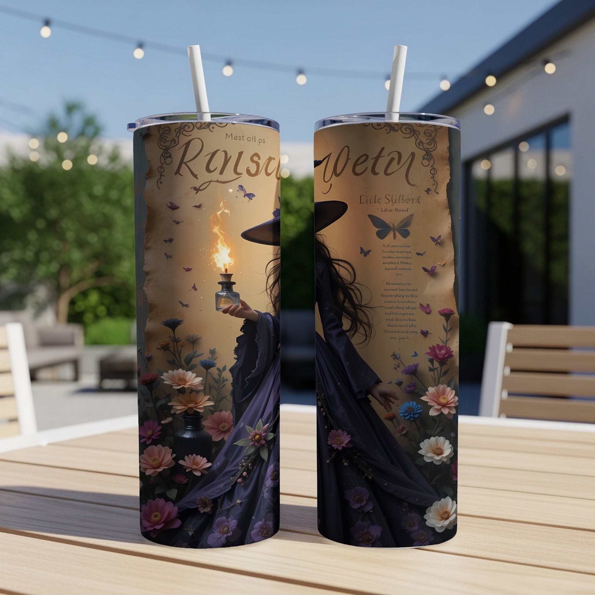 Tumbler with witch holding potion, flowers, butterflies, and text.