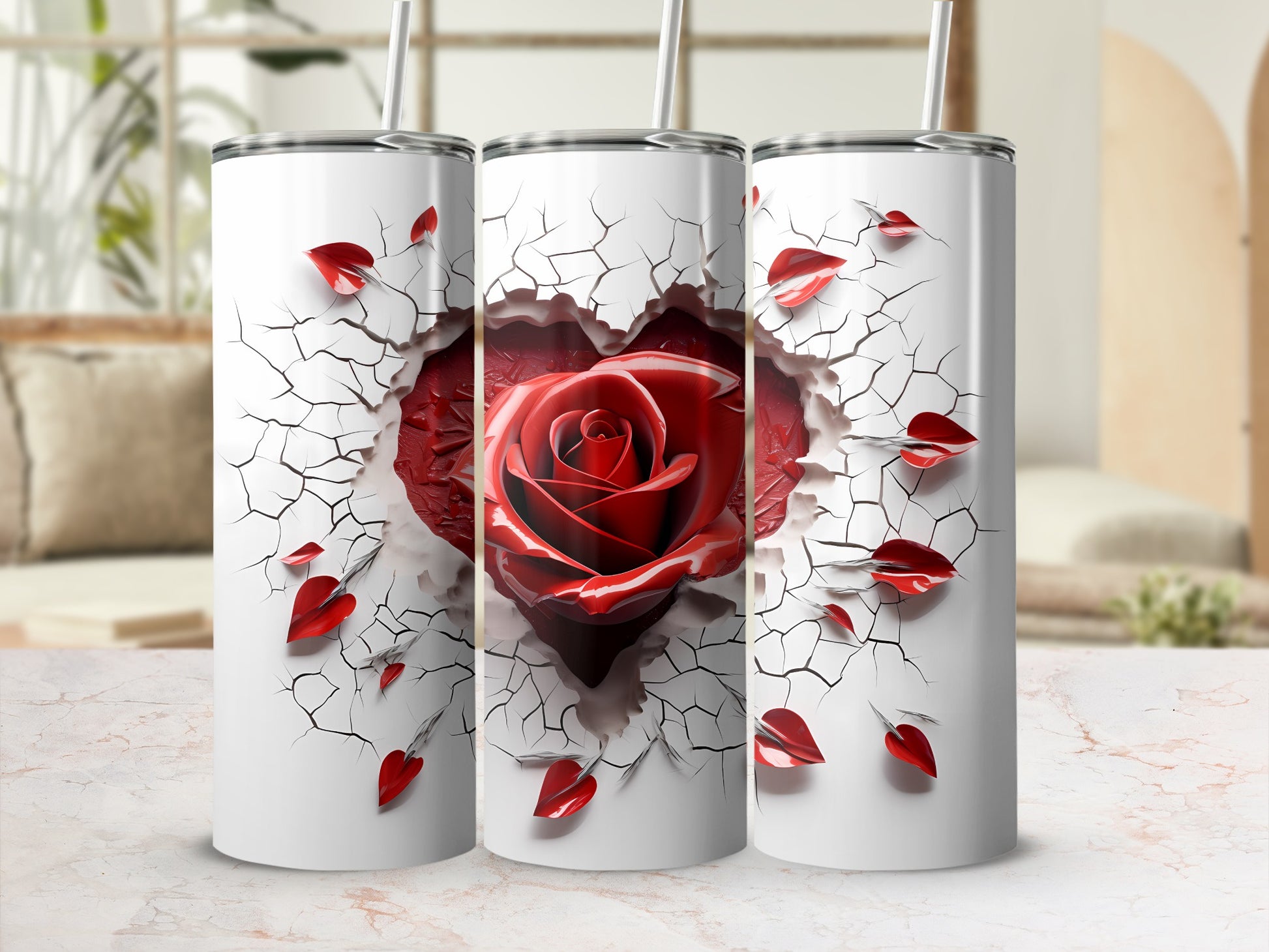 Cracked Wall with Red Rose Design Insulated Tumbler