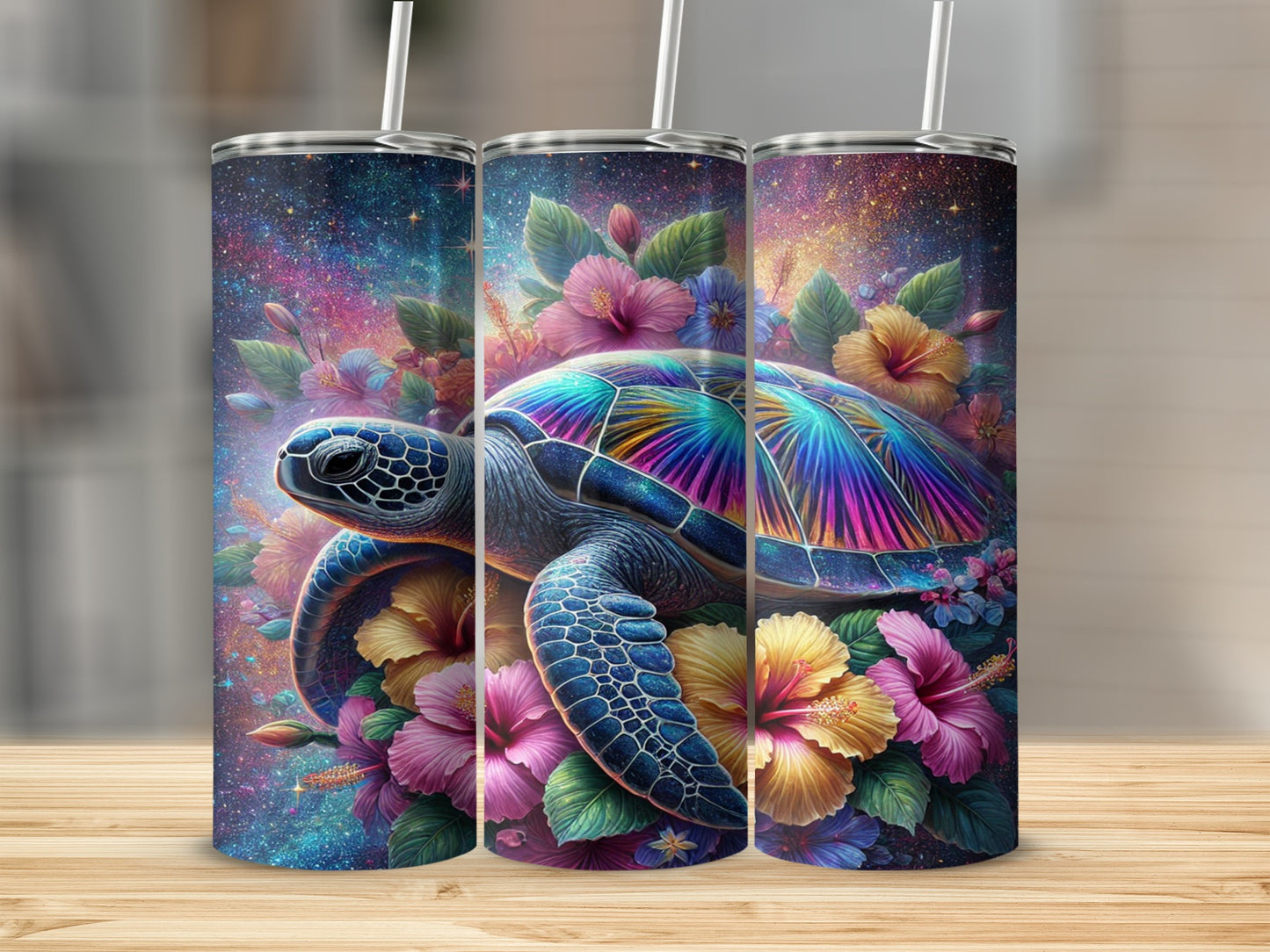 Vibrant Abstract Turtle with Floral Art Tumbler