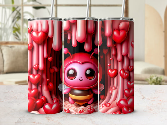Cute bee character in a heart-covered tunnel with dripping red liquid.