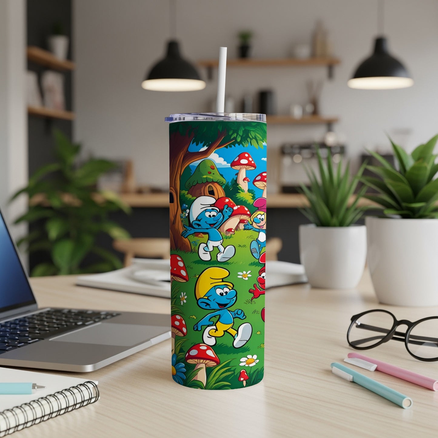 Smurfs and mushrooms on a green background, printed on a white tumbler with a straw.