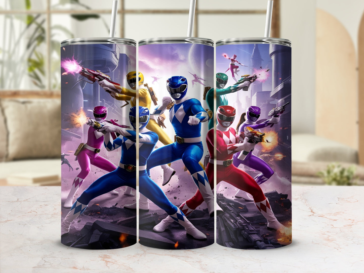 Five Power Rangers in colorful costumes, each holding a blaster.