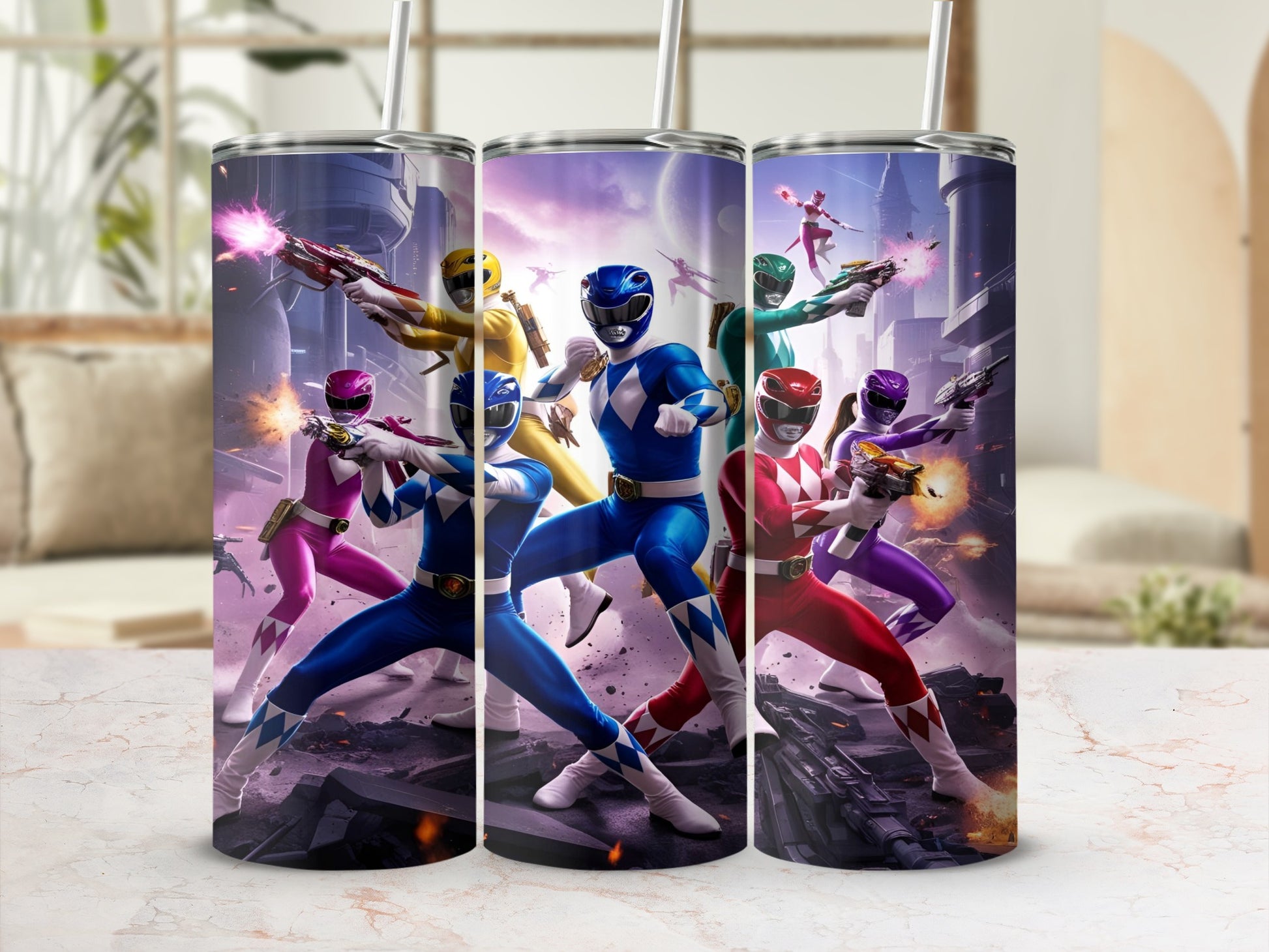 Five Power Rangers in colorful costumes, each holding a blaster.