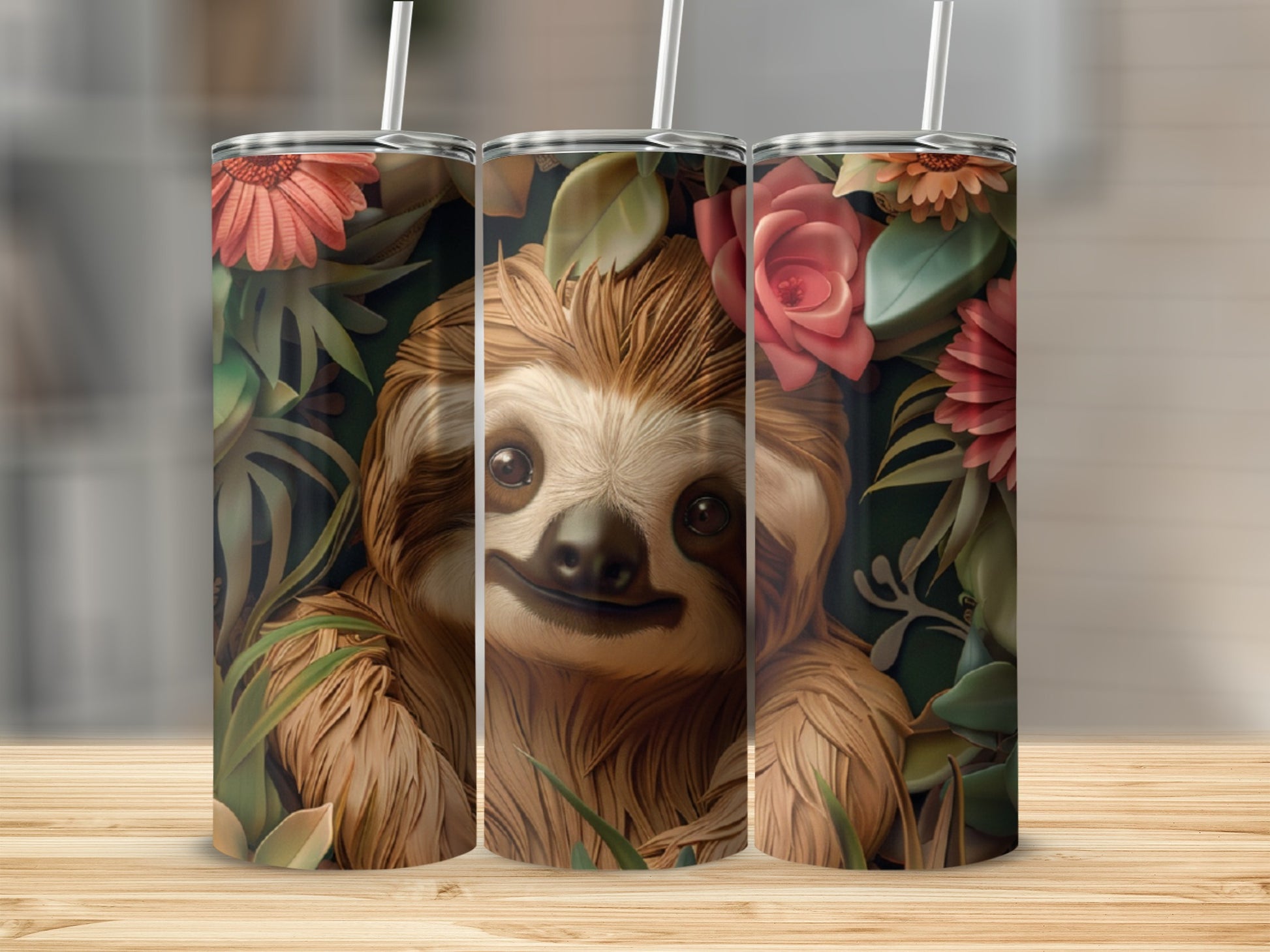 Three tumblers featuring a sloth illustration surrounded by tropical foliage and flowers.