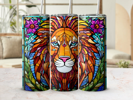 Colorful stained glass lion head design on three tumblers.