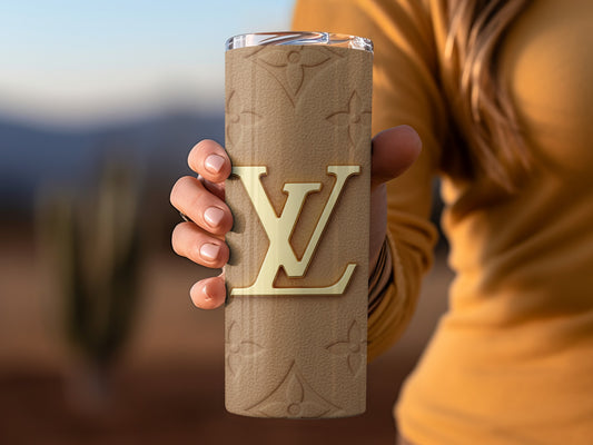 Stylish Monogram Tan Tumbler With Metallic Letters Design
