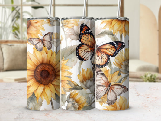 Three tumblers with sunflowers and monarch butterflies.