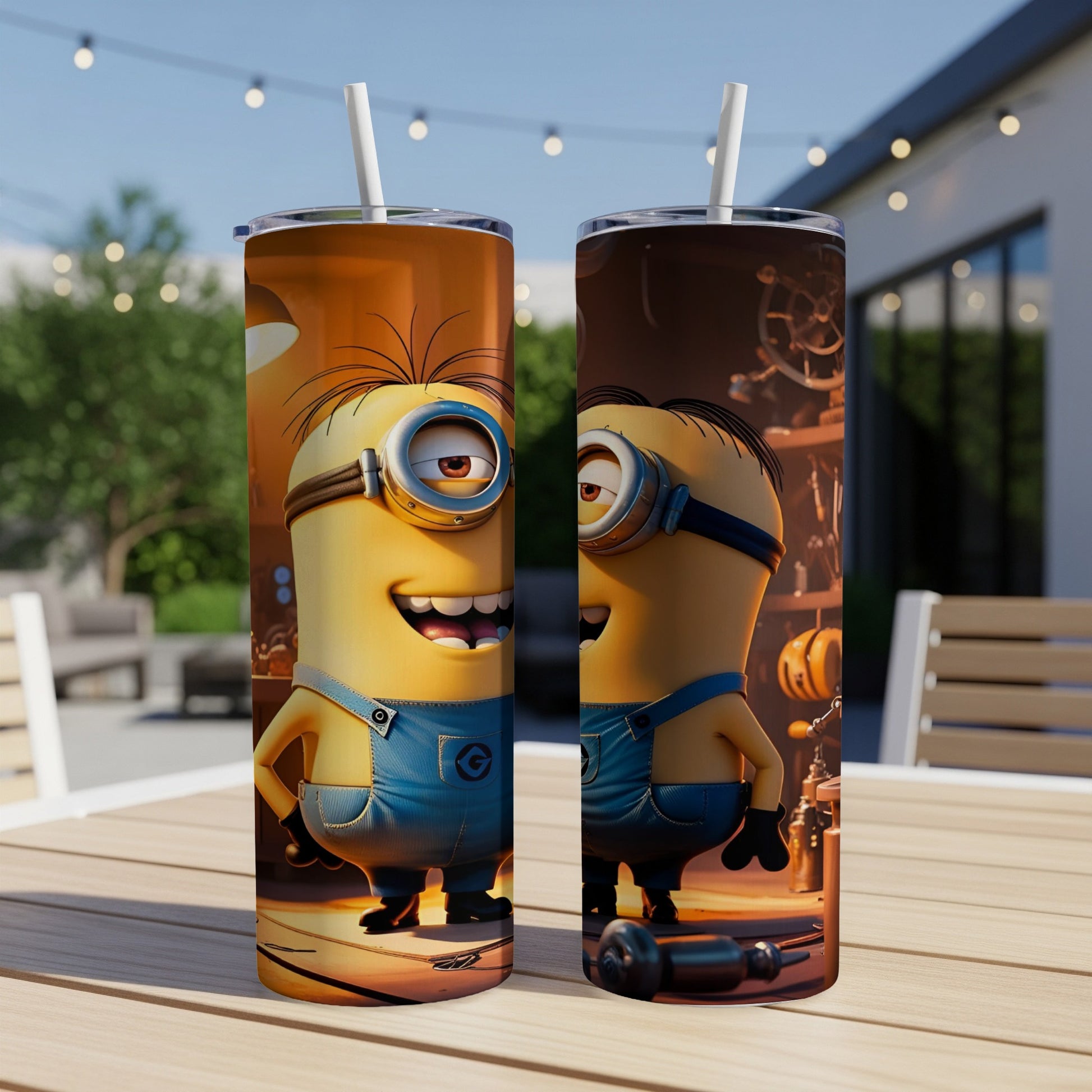 Two Minions on a tumbler with straw, standing in a workshop.
