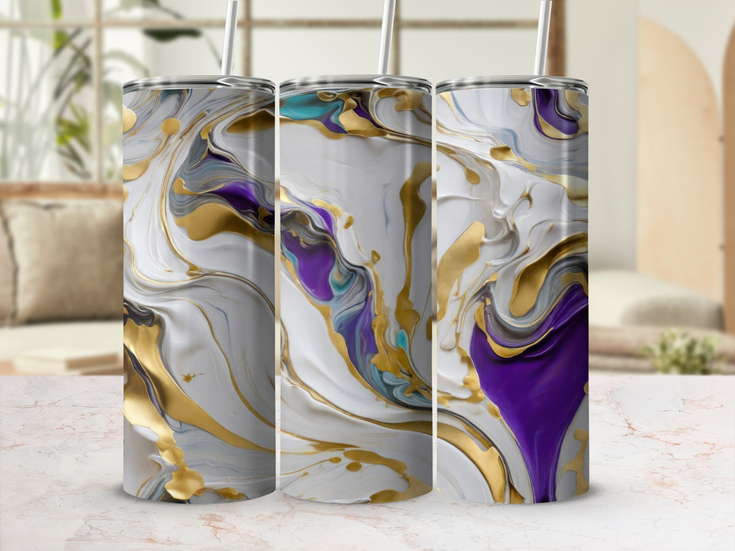 Three tumblers with swirling white, gold, purple, and teal marbled abstract design.