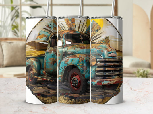 Rusty vintage truck with sunburst background on a tumbler.