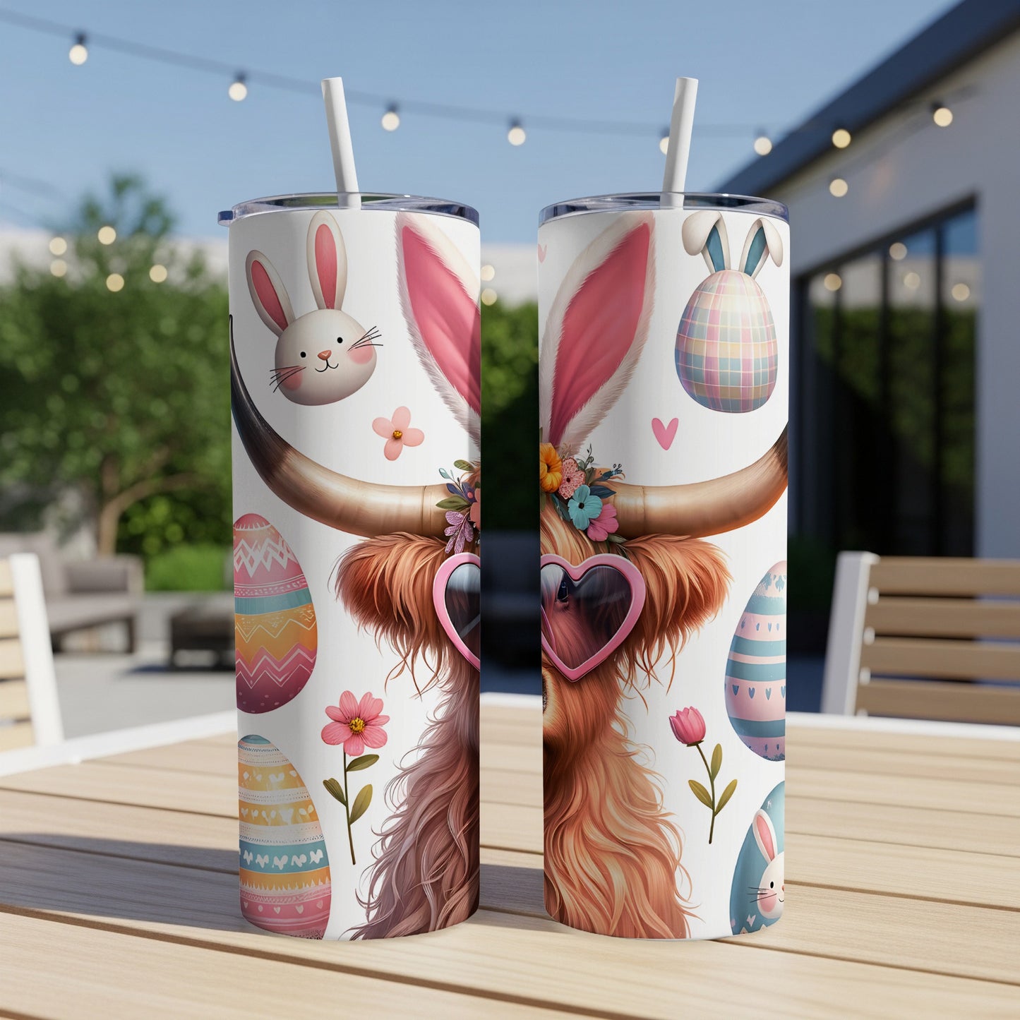 Highland cow with bunny ears and heart sunglasses, Easter eggs.
