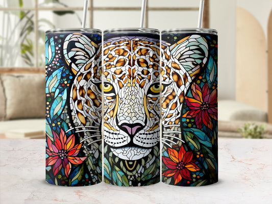 Triptych of tumblers featuring a mosaic jaguar face with floral accents.