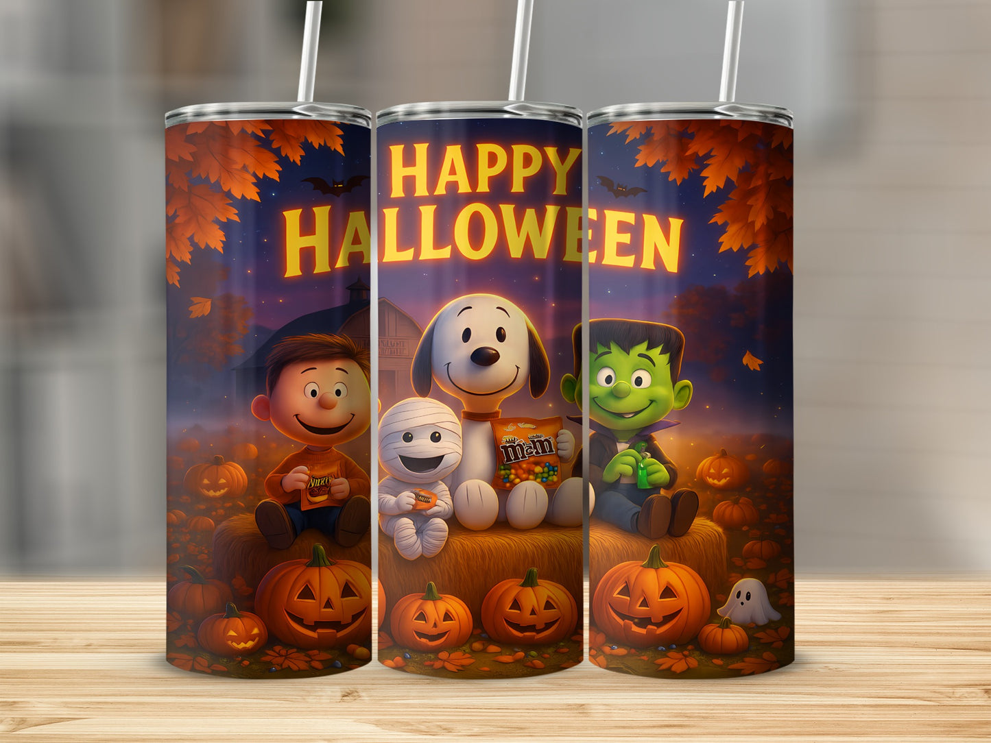 Three tumblers with Halloween artwork featuring Snoopy, Linus, and Woodstock characters.