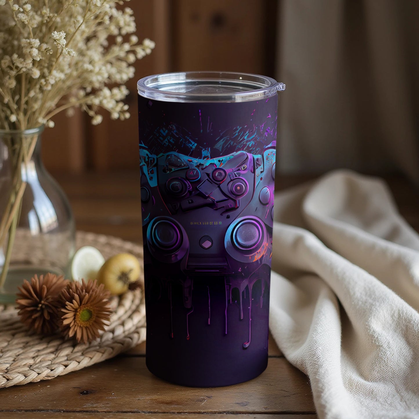 Retro Neon Boombox and Floral Art Tumbler Design