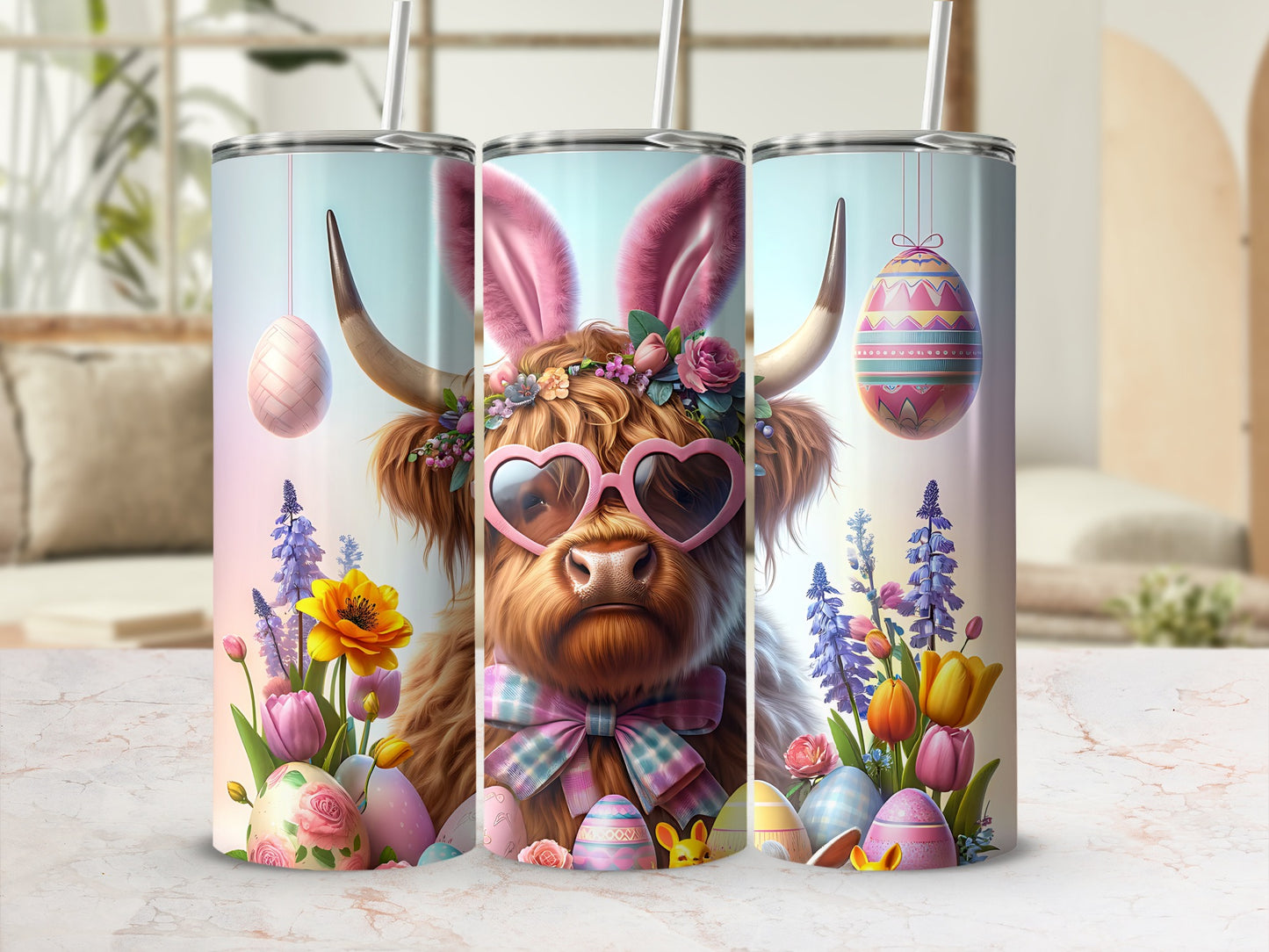 Highland cow with bunny ears and sunglasses, surrounded by Easter eggs and flowers.
