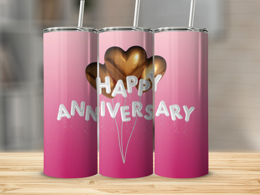 Pink gradient tumblers with "Happy Anniversary" text and heart balloons.