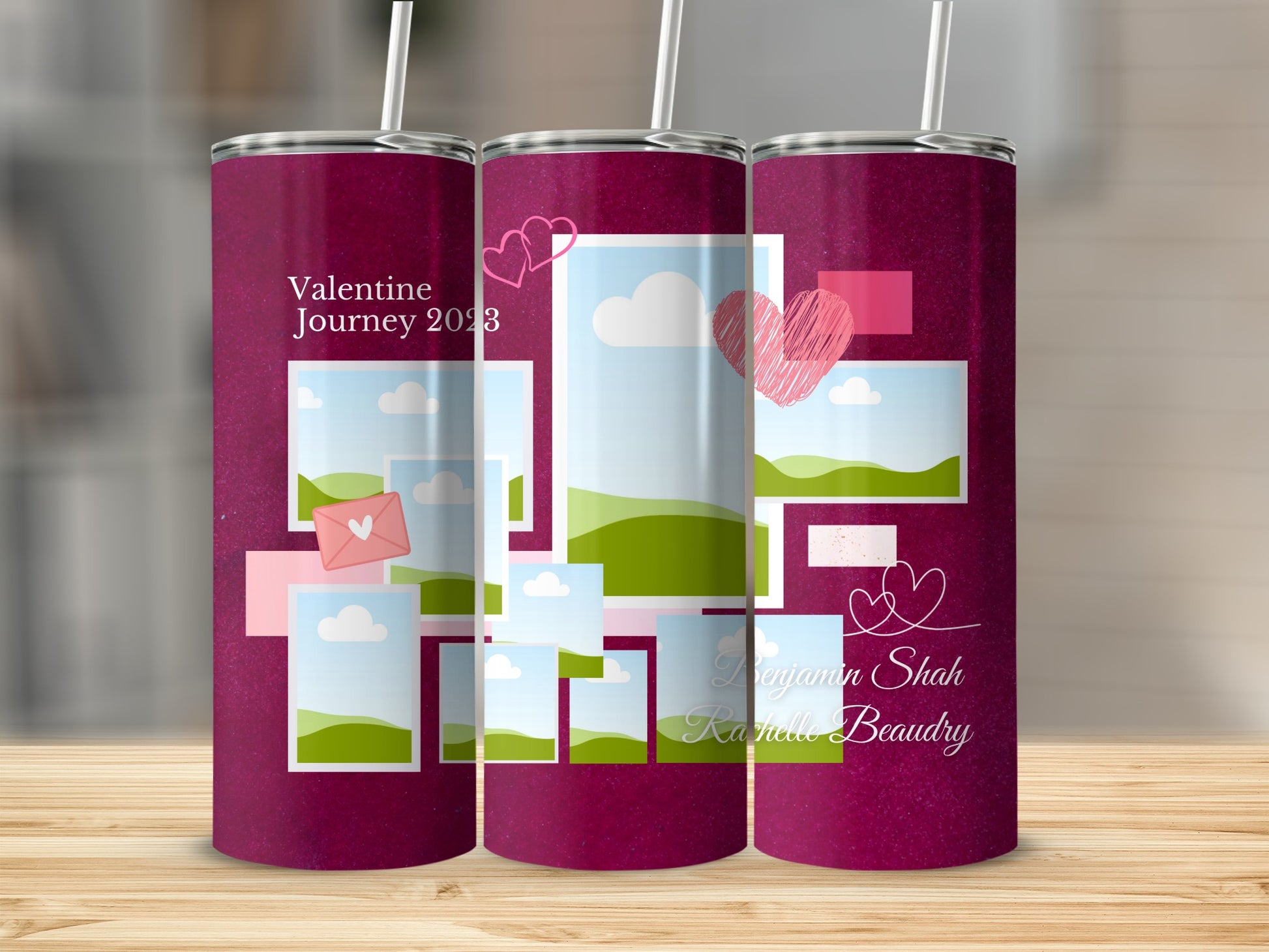 Maroon tumbler with collage of small framed landscapes and hearts, reads "Valentine Journey 2023".