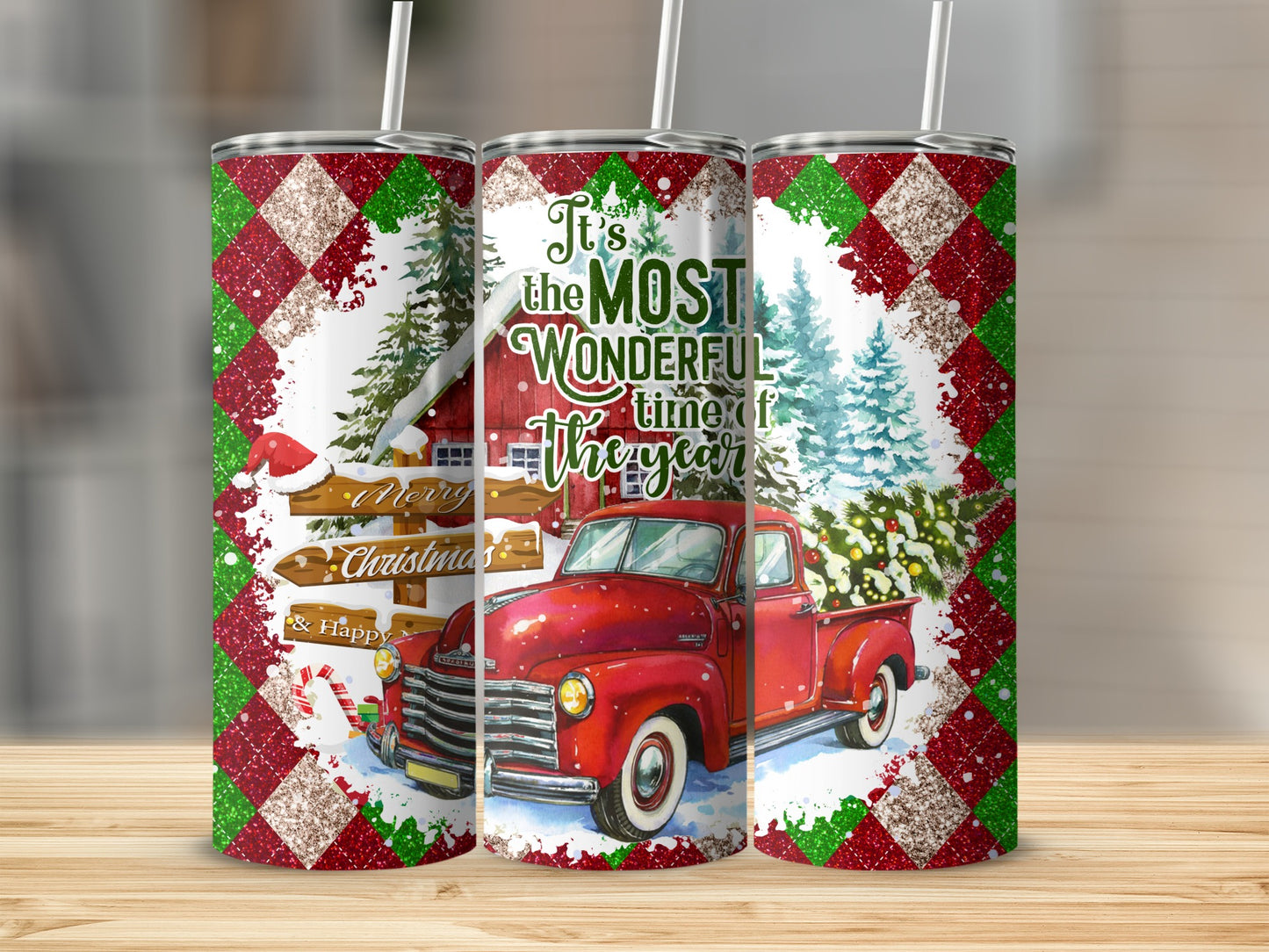 Red vintage truck with Christmas tree and "Most Wonderful Time of Year" text.