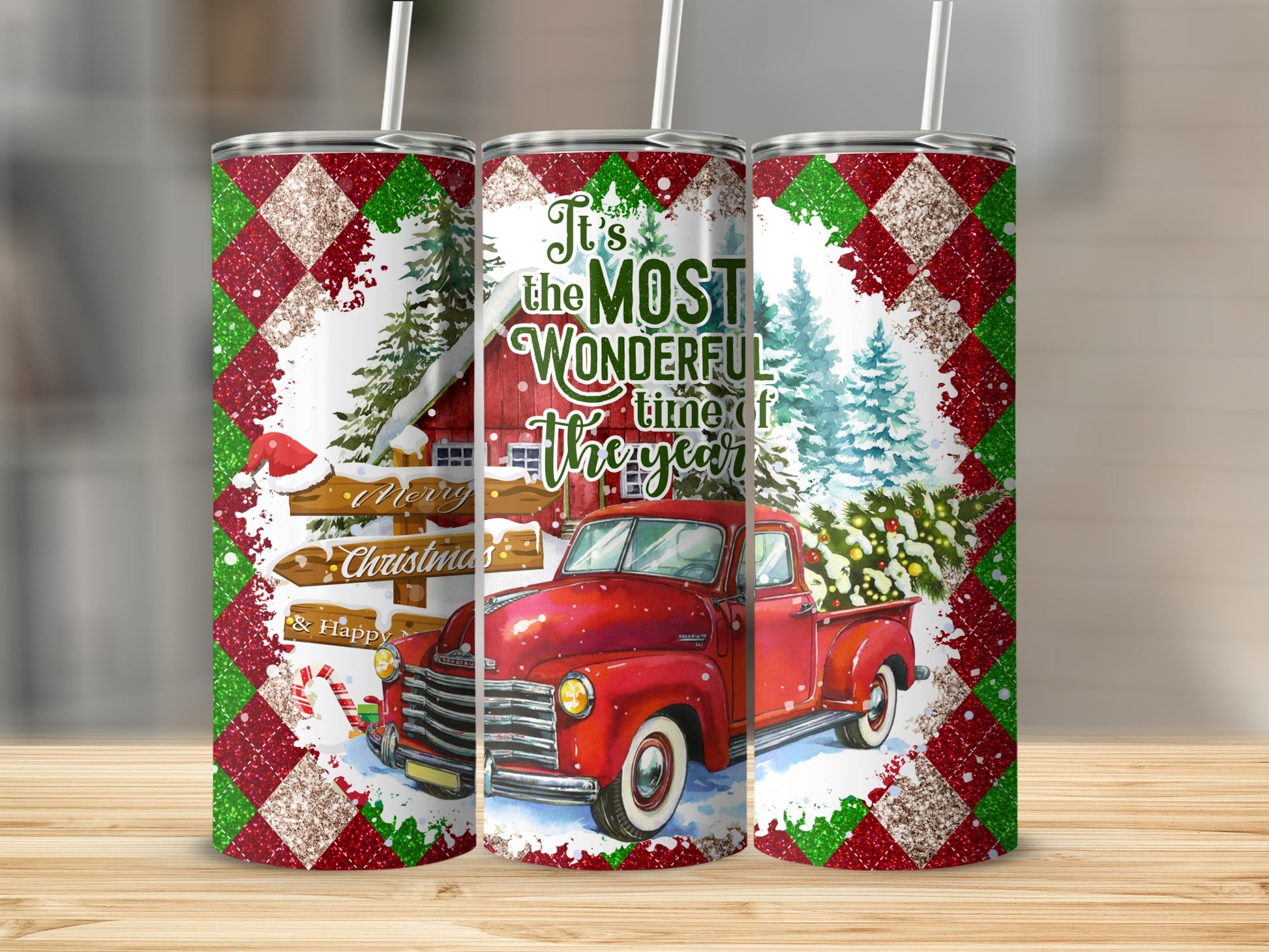 Red vintage truck with Christmas tree and "Most Wonderful Time of Year" text.