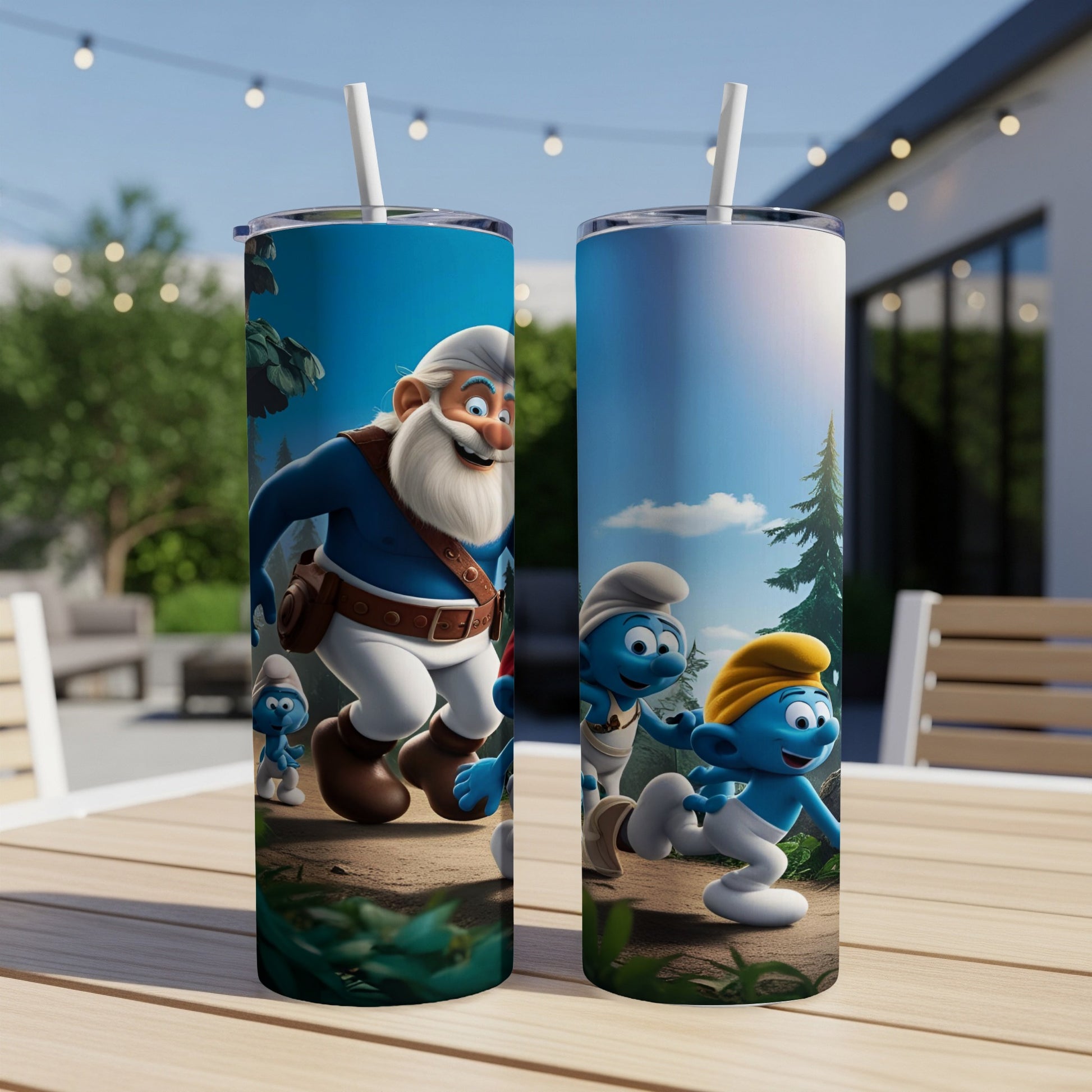 Two Smurf characters, Papa Smurf and a young Smurf, running in a forest.
