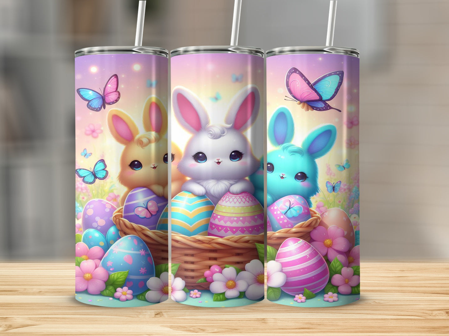 Three bunnies with Easter eggs and butterflies in a basket.
