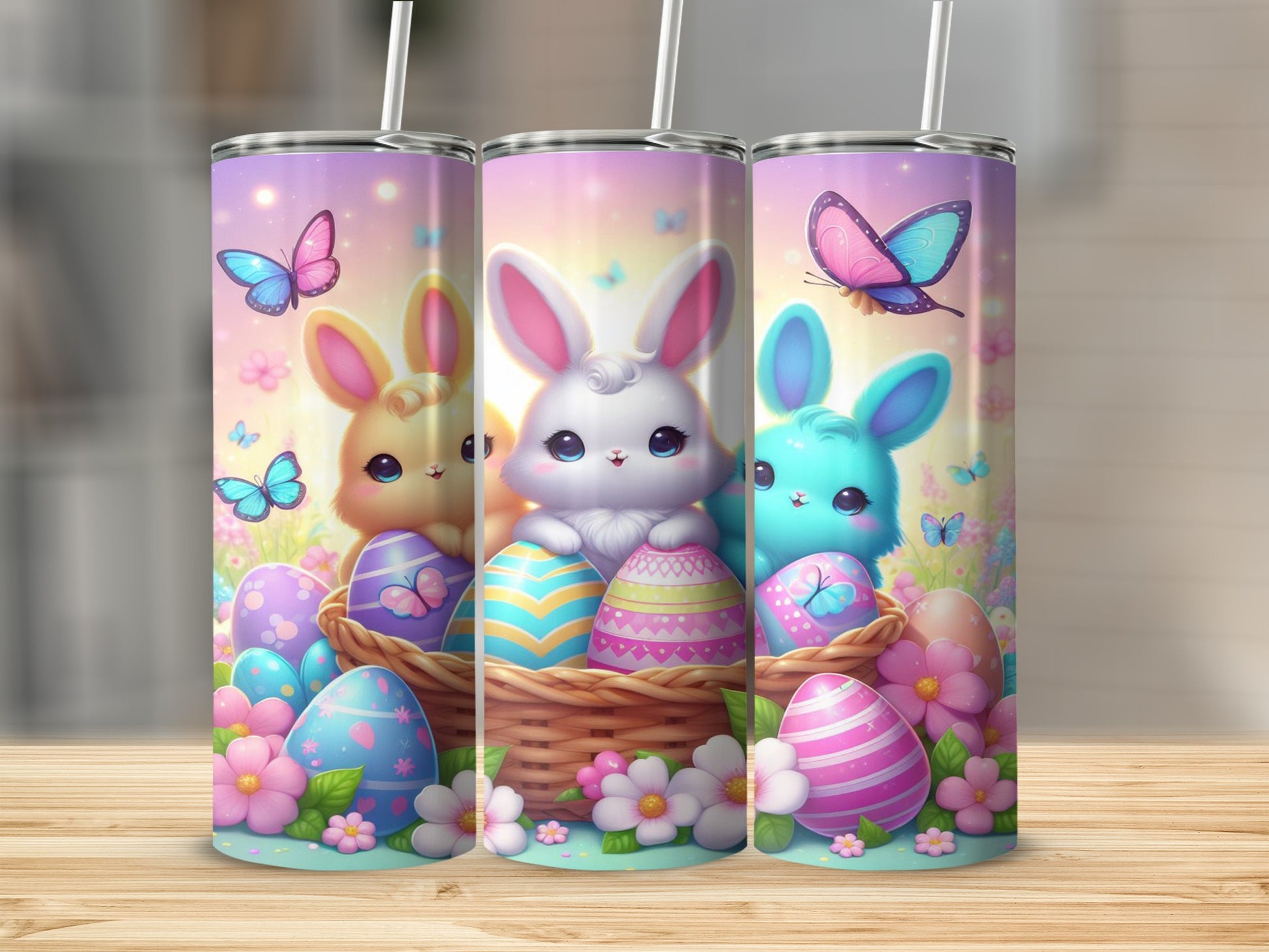 Three bunnies with Easter eggs and butterflies in a basket.