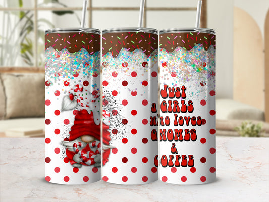 Tumbler with red polka dots, a gnome, and text reading "Just Girls Who Love Gnomes & Coffee".