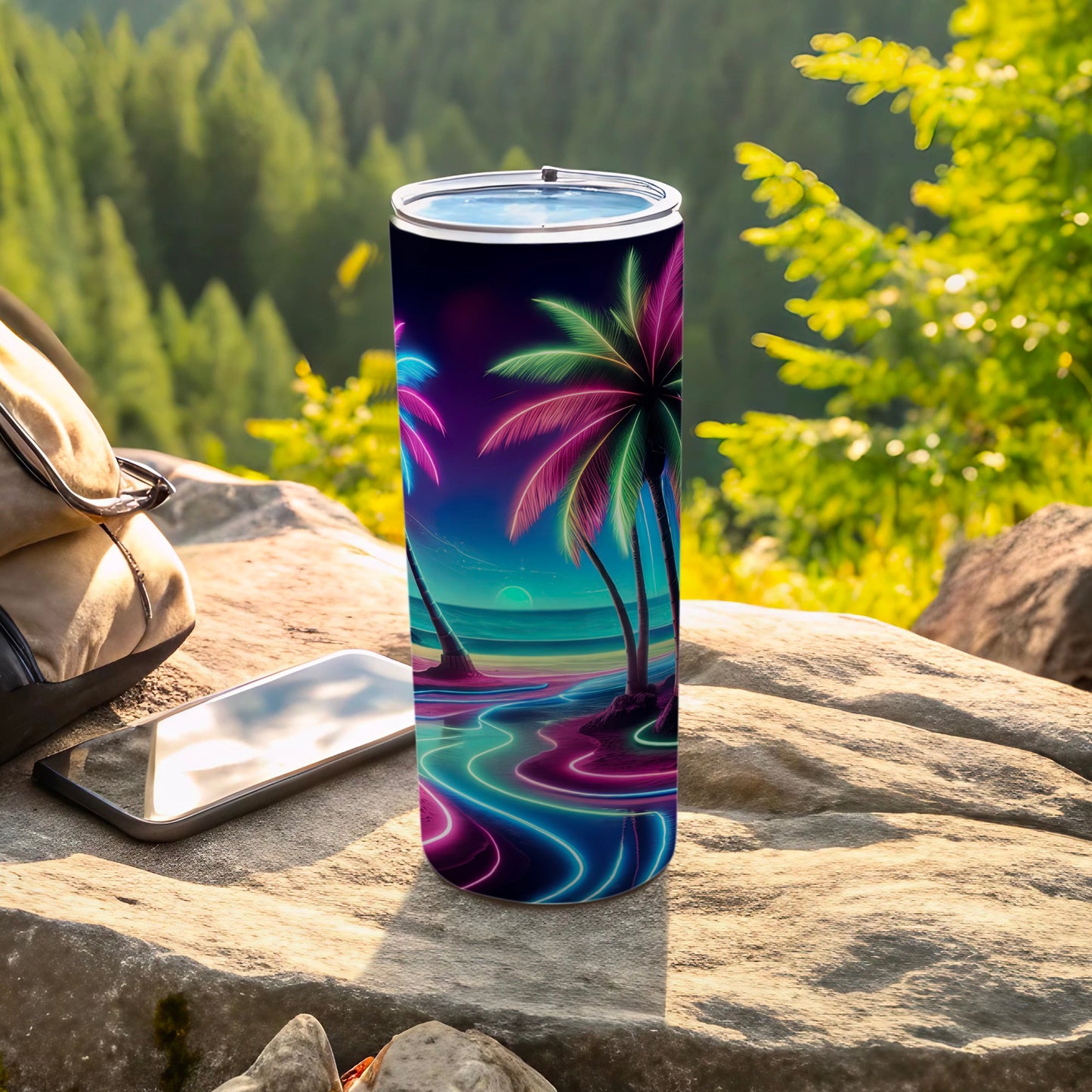 Neon palm trees on a beach with glowing water, on a tumbler.