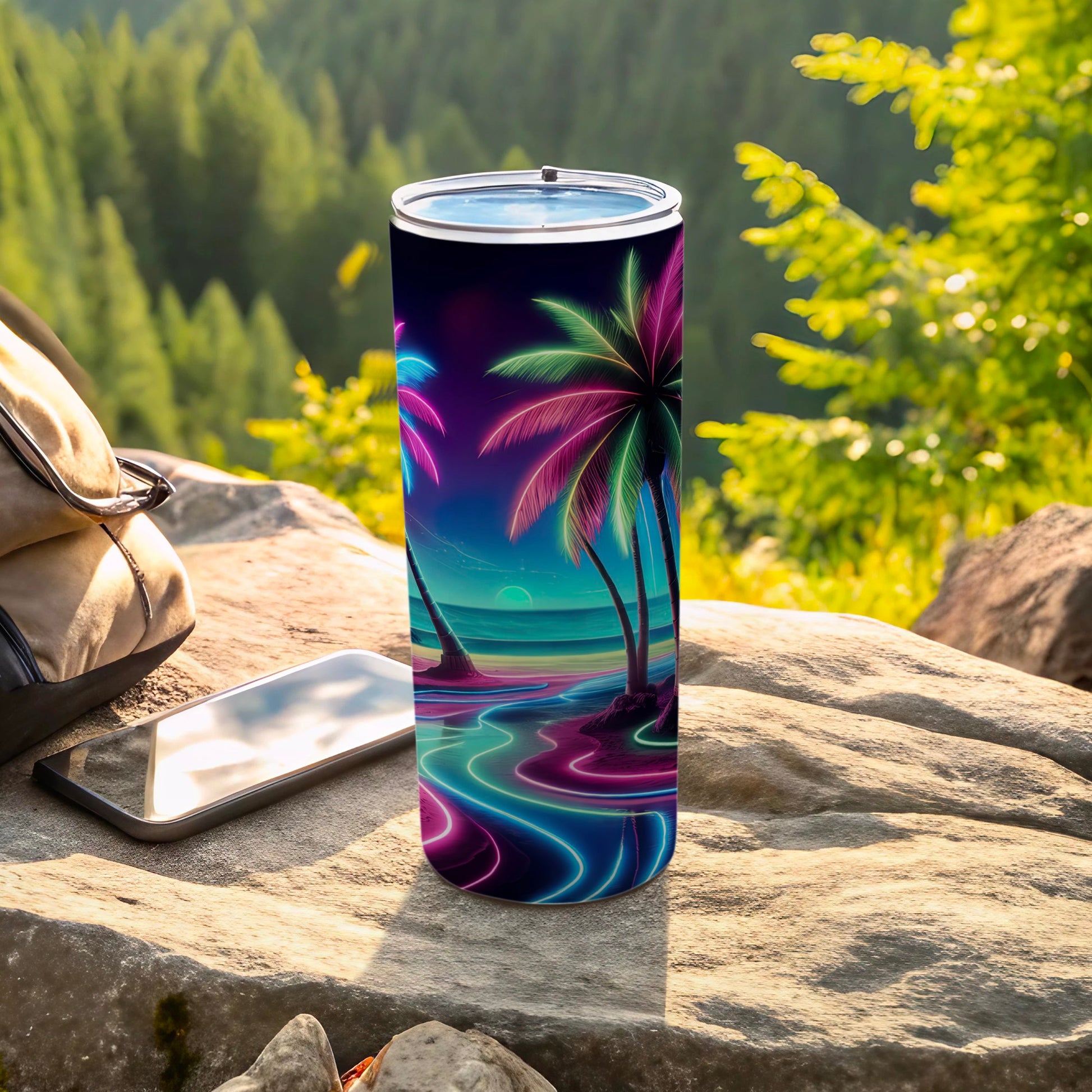 Neon palm trees on a beach with glowing water, on a tumbler.