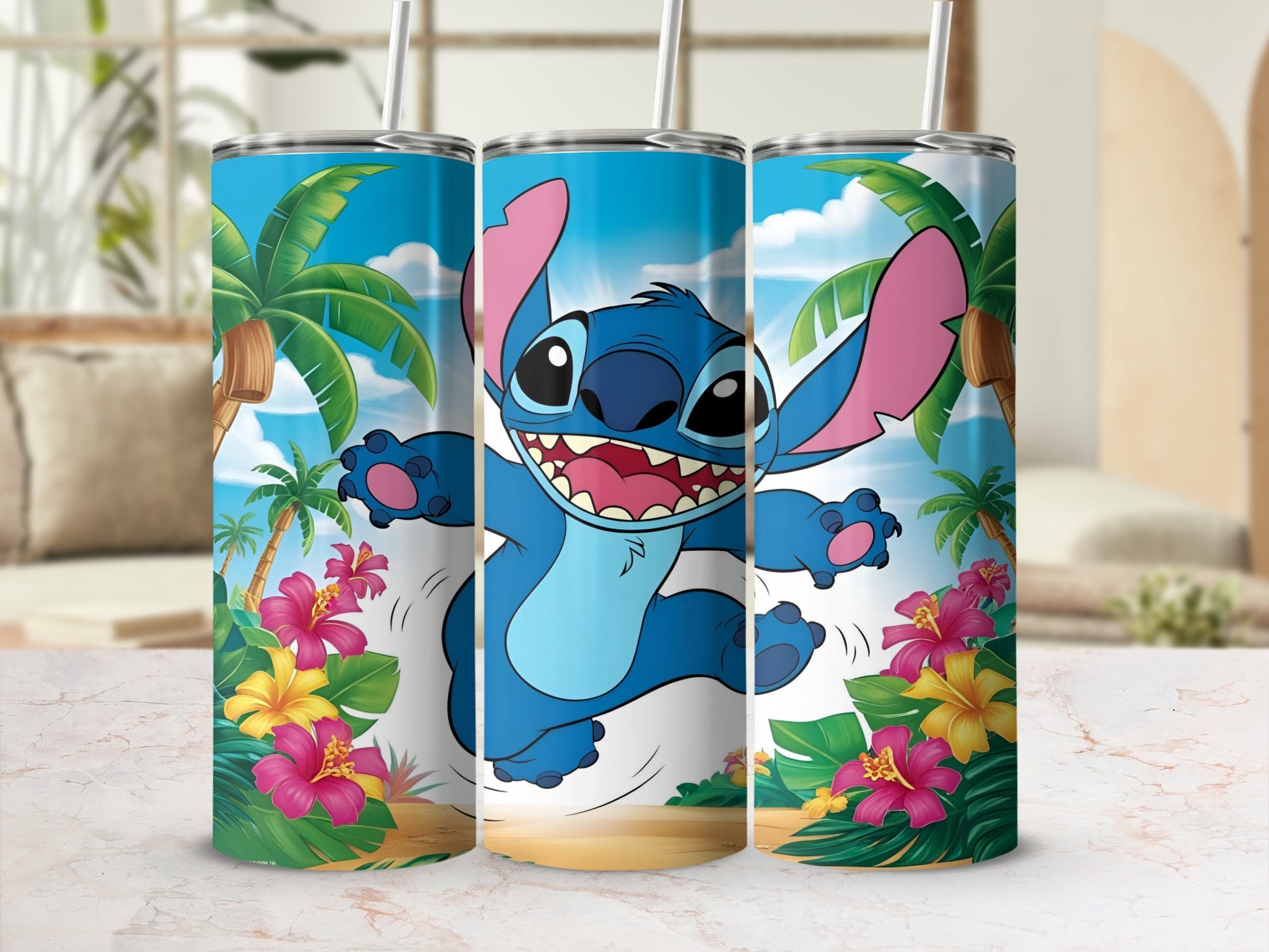 Blue Stitch character running with palm trees and tropical flowers background.