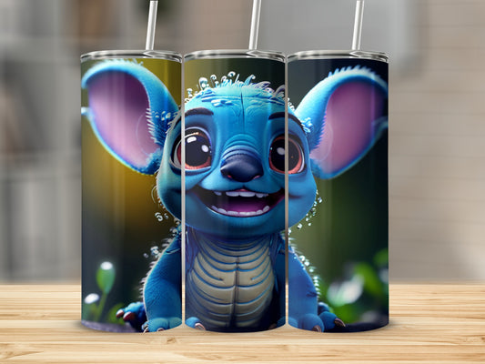 Blue Stitch character with big ears and happy expression on a tumbler.