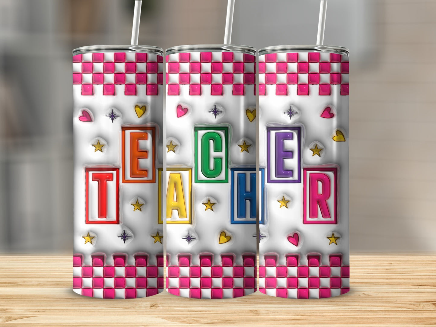 Colorful Teacher Letters in Squares Stars Hearts Tumblers