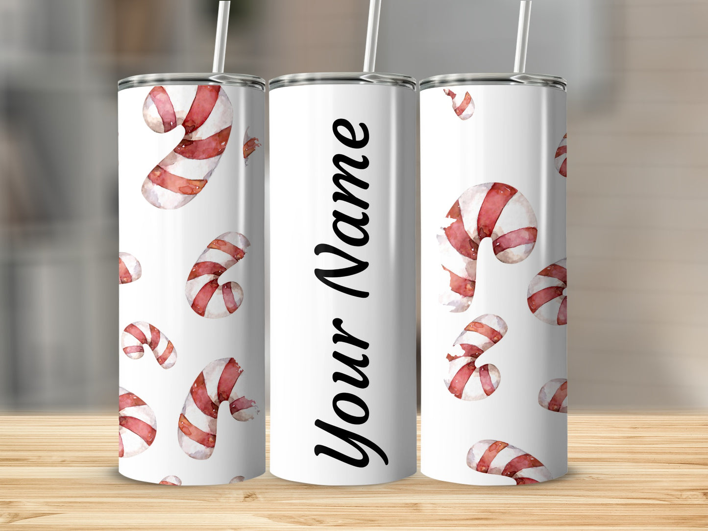 Personalized Candy Cane Design Tumbler with Straw